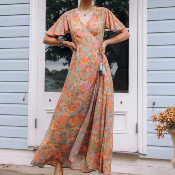 Boho orange floral print wrap maxi dress v neck - Picture 3 of 8